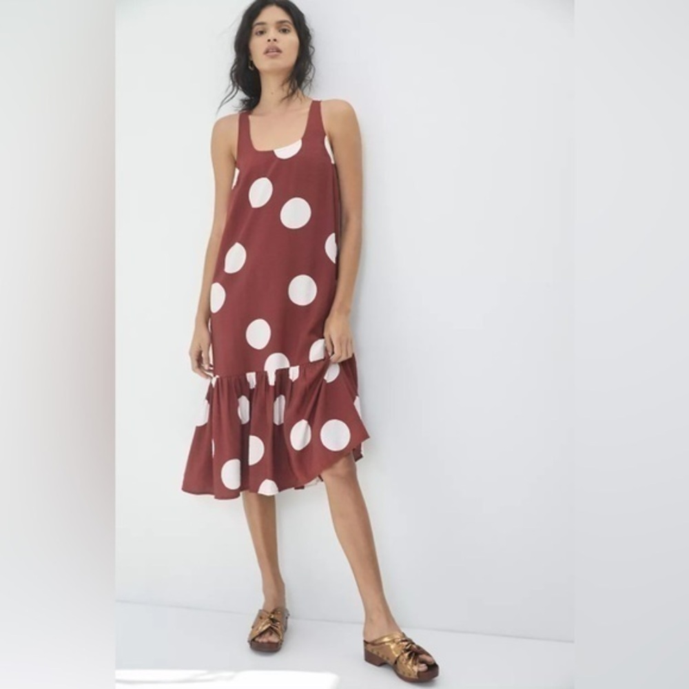 Anthropologie Brown “Michaela” Flounced Polka Midi Dress Size XS Euro Summer